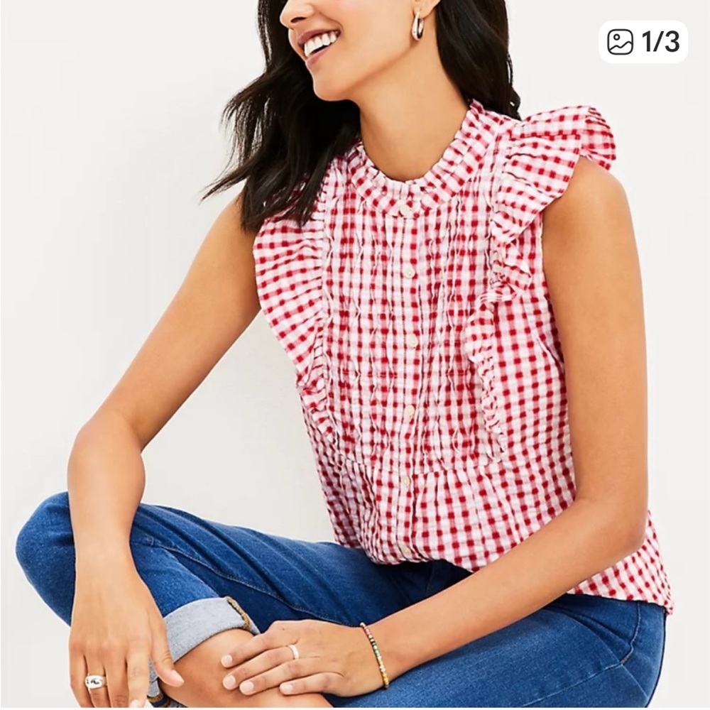 LOFT Plaid Ruffle Bib Button Top New! B#1
